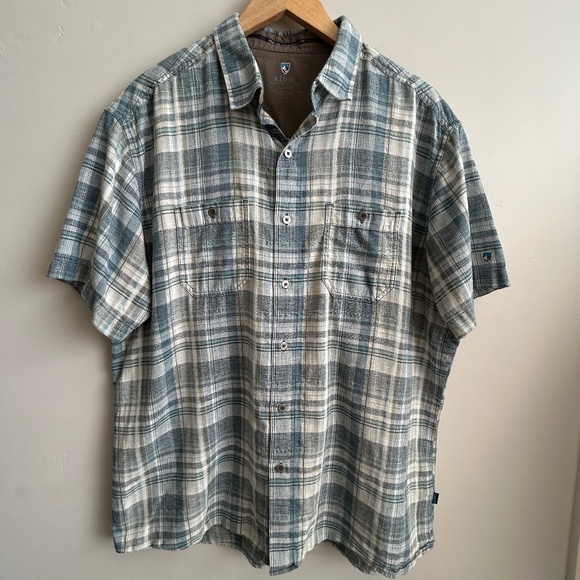Kuhl Shirt Mens XL  Blue Plaid Short Sleeve Scorpio Linen Blend Button Up Hiking - Picture 1 of 13